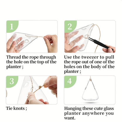 Five-Shape Clear Glass Hanging Terrarium Set with Rope Loops for Air Plants, Cuttings and Wall Display