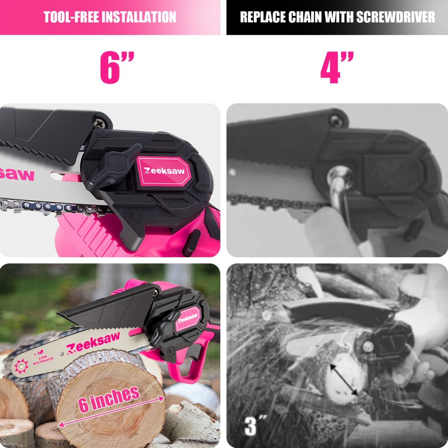 Pink 6-Inch Mini Cordless Chainsaw Kit with Two Batteries, Charger, Carry Case, Spare Chains and Clear Eyewear