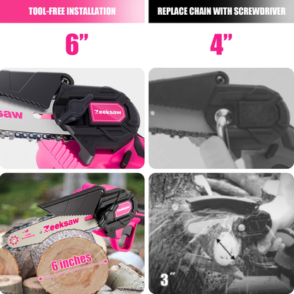 Pink 6-Inch Mini Cordless Chainsaw Kit with Two Batteries, Charger, Carry Case, Spare Chains and Clear Eyewear