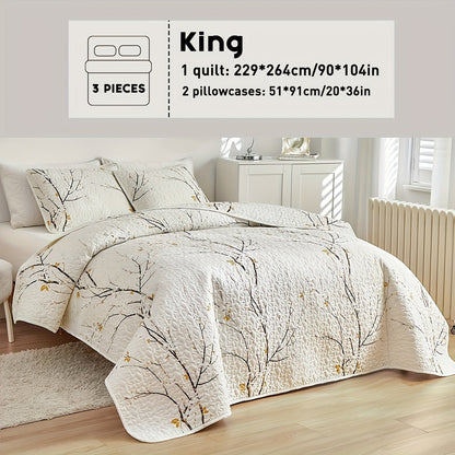 Reversible Botanical Microfiber Quilt Set with Pillow Shams, Five Patterns and Twin, Full/Queen or King Sizes