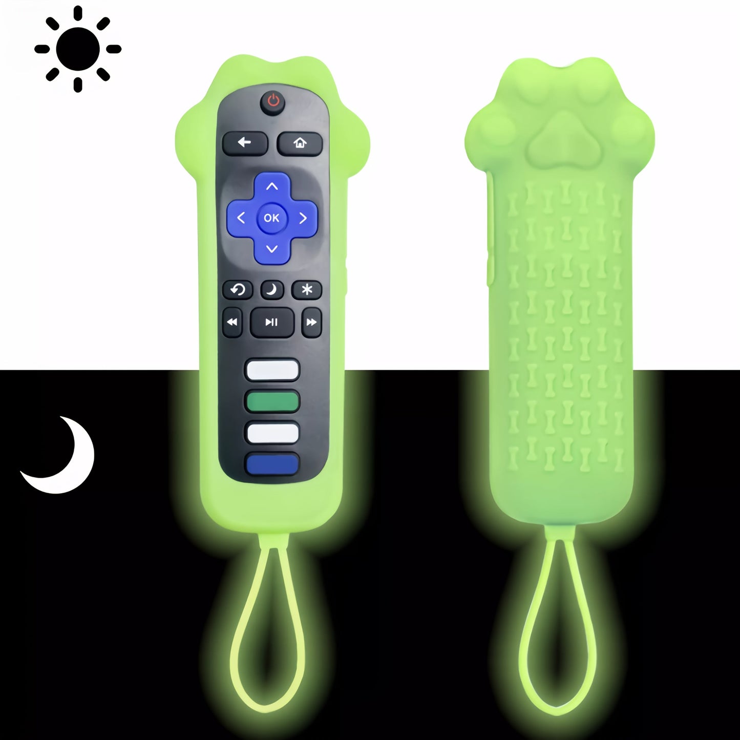Luminous Green Dog-Paw Remote Control Case with Wrist Loop for Pictured Roku-Style Button Layout