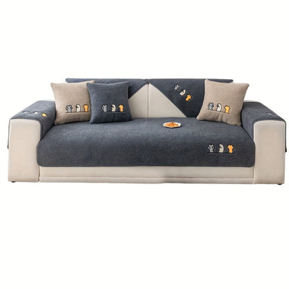 Sofa Cover Thick Plush Shearling Panels with Animal and Bone Embroidery and Non-Slip Feature for 2 to 4 Seats