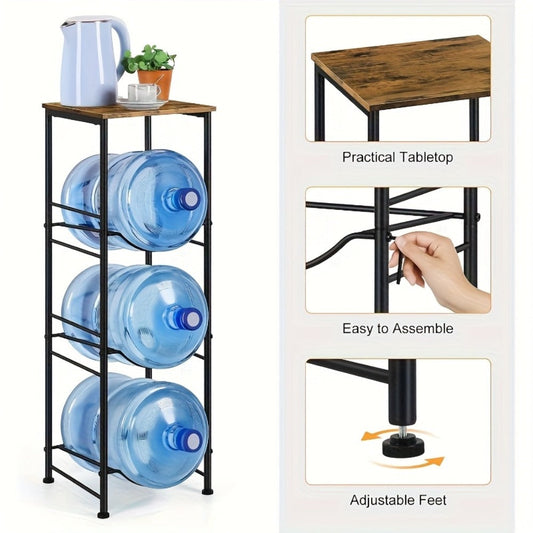5-Gallon Water Jug Holder 3-Tier – Heavy Duty Water Bottle Rack Organizer with Top Shelf & Adjustable Legs for Kitchen, Living Room & Office – Particleboard & Steel Frame, White, Brown & Black