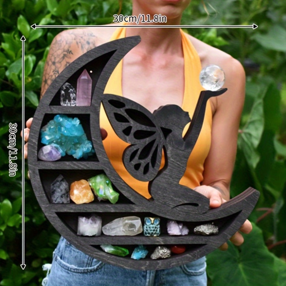 Crescent Moon Crystal Display Shelf with Fairy Silhouette, Five Tiers and Black MoonFairy Style