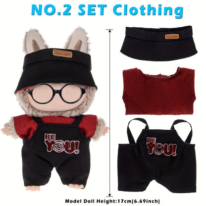 Six-Outfit Doll Clothes Set for 17cm Mini Dolls with Coordinated Tops, Shorts, Skirts, Overalls and Hats
