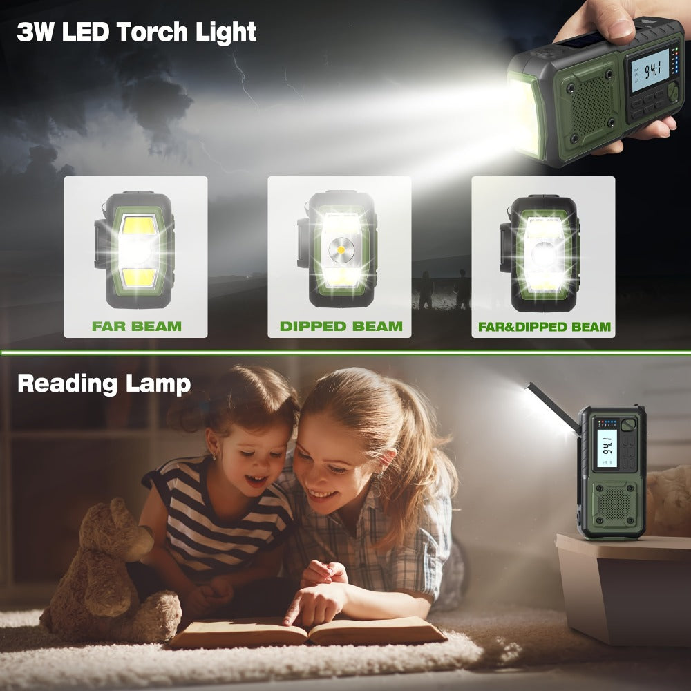 5000mAh Digital AM/FM/NOAA Emergency Radio with Solar Panel, Hand Crank, Reading Light and Three Colors