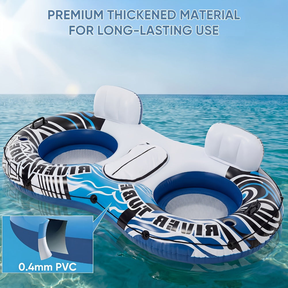 Inflatable Pool Float Bed with Detachable Cooler – Heavy Duty Double Adult Lounge Raft with Cup Holders for Swimming Pool, River & Lake, Durable Blow Up Water Lounger Chair, Blue & Green / Blue & White
