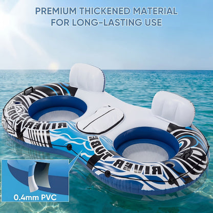 Inflatable Pool Float Bed with Detachable Cooler – Heavy Duty Double Adult Lounge Raft with Cup Holders for Swimming Pool, River & Lake, Durable Blow Up Water Lounger Chair, Blue & Green / Blue & White