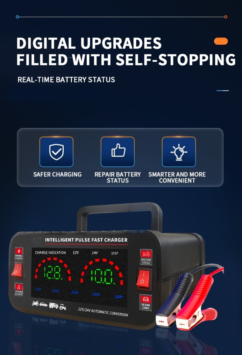 Car Battery Charger 12V/24V with LCD Display – Fast Charging Portable Maintainer for Cars, Trucks, RVs & Motorcycles, Overcharge Protection, Lead-Acid Compatible