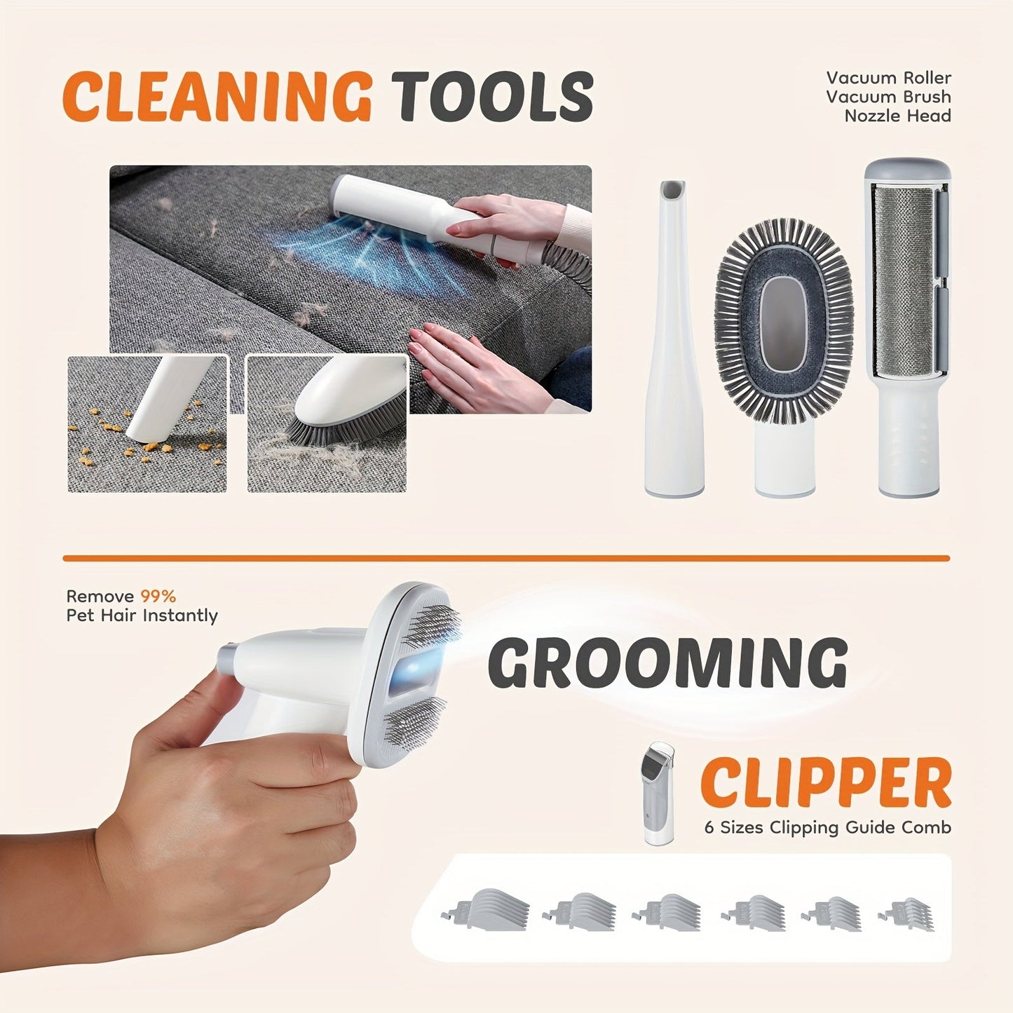Pet Grooming Vacuum Kit, Five-in-One Suction System with Clippers, Six Guide Combs and Two Color Options