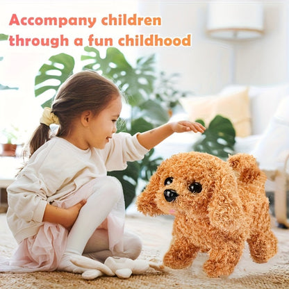 Brown Electronic Plush Puppy Toy with Walking, Barking and Tail-Motion Icons in a Single Boxed Option