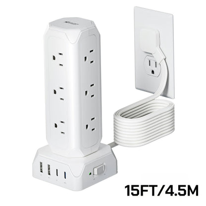 Power Strip Tower 16-in-1 Surge Protector 12 AC Outlets 4 USB Ports USB-C PD20W 1800J Protection Desktop Charging Station 10ft or 15ft Extension Cord for Office School Dorm White