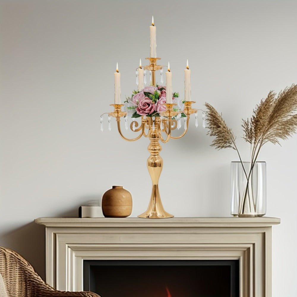 Candle Holder Set of 2 Golden Metal Five-Arm Candelabras, 20.3-Inch Tabletop Stands for Taper Candles