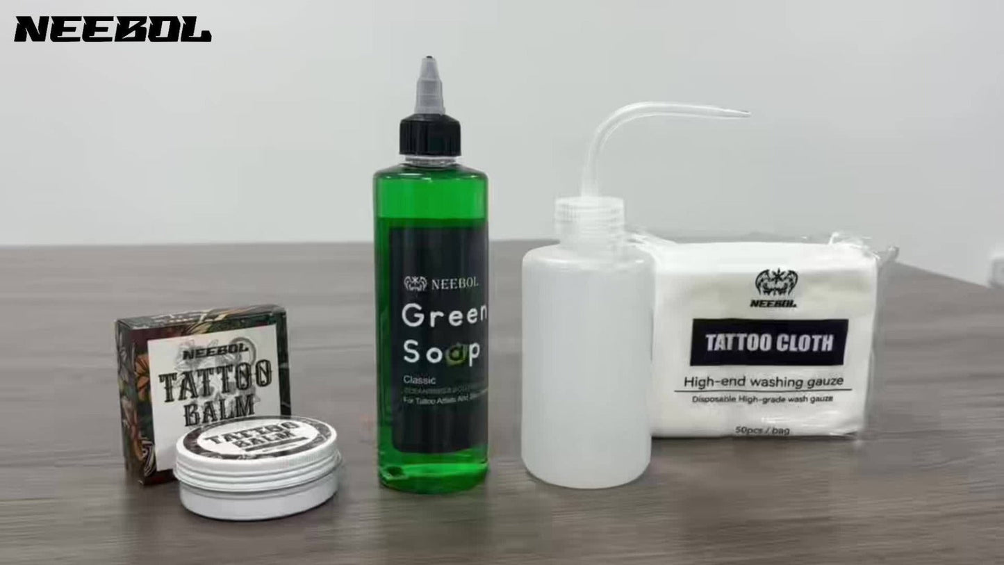 Tattoo Green Soap Concentrated Cleaning Solution 8.5oz with Squeeze Bottle Skin Prep Before During & After Tattooing Moisturizing Balm Lint-Free Wipes for Artists & PMU