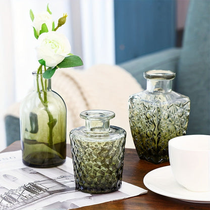 Gradient Green Mini Glass Bud Vases, 14-Piece Mixed Relief Bottle Set for Tables, Weddings and Shelf Decor