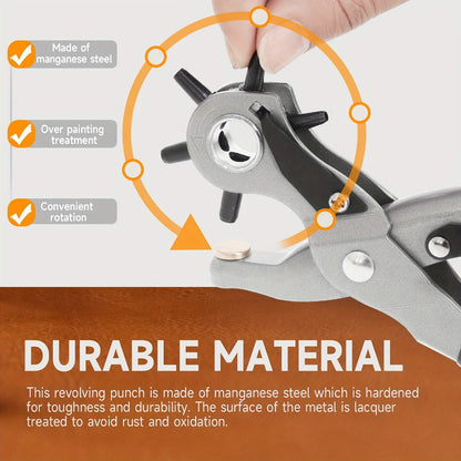 Leather Hole Punch for Belt - Heavy Duty 6-Hole Rotary Belt Puncher Kit for Saddles Shoes Fabric DIY Craft Projects Upgraded Round Hole Punching Tool (Black)