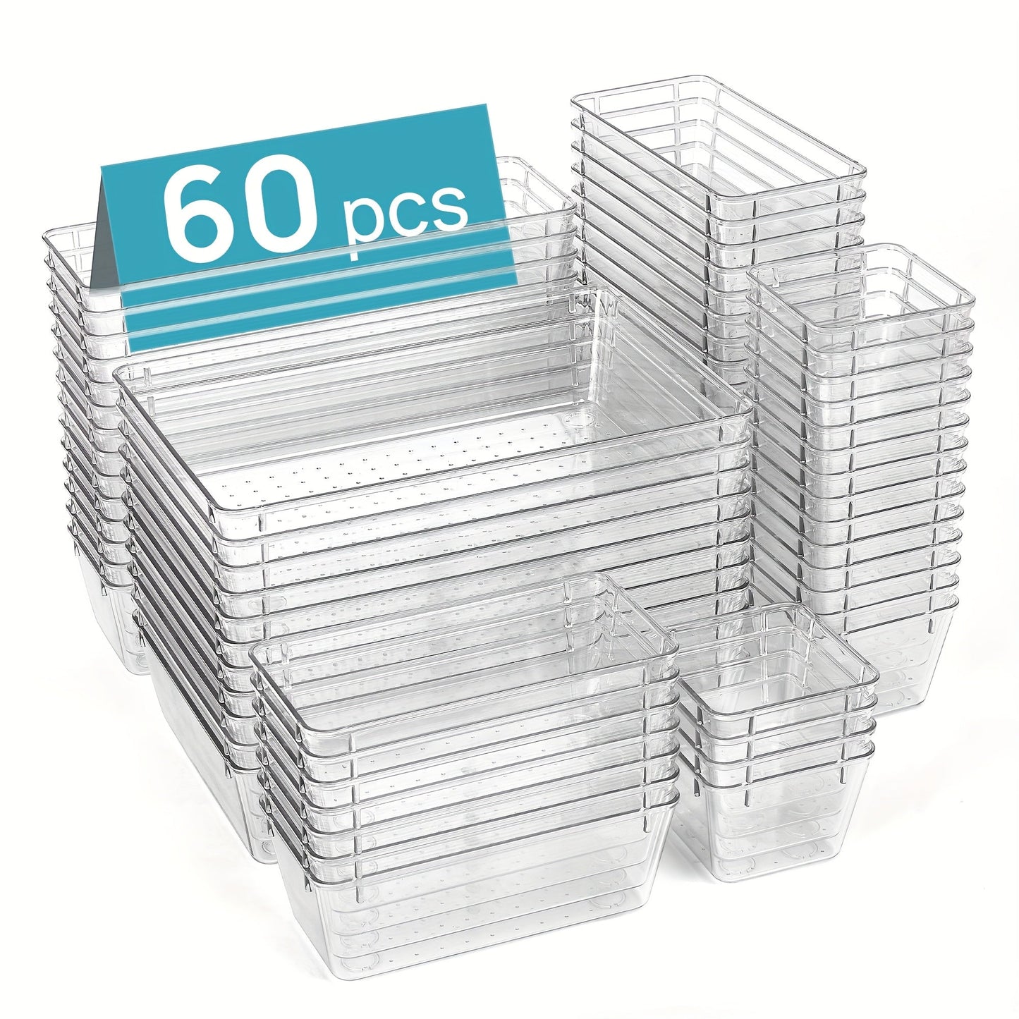 Drawer Storage Organizer Set 60-Piece Clear Plastic Bins in Four Sizes for Desk, Kitchen or Office