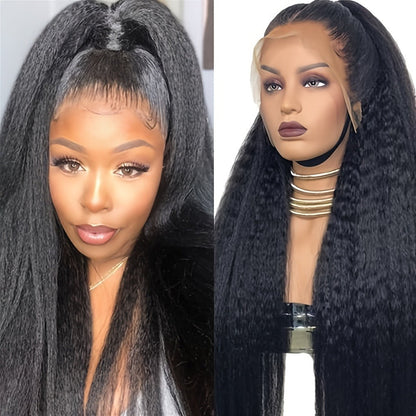 Synthetic Wig 26-Inch Black Kinky-Straight Yaki with HD Lace Front, Glueless Cap and 160°C Fiber