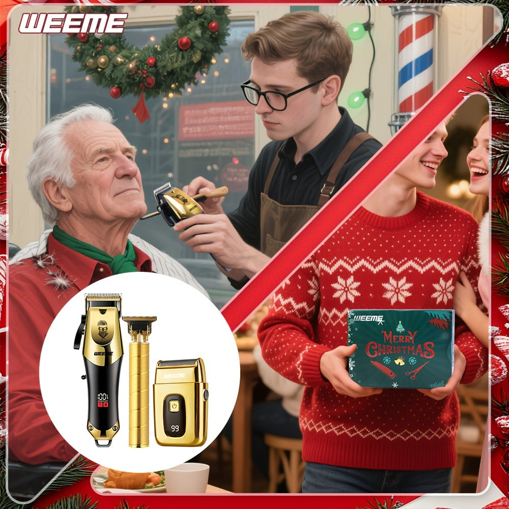 Professional Hair Clipper Set for Men – 3pcs Golden Cordless Kit with Beard Trimmer & T-Blade Trimmer, Hair Cutting & Styling Tools, Ideal Birthday & Father’s Day Gift for Men