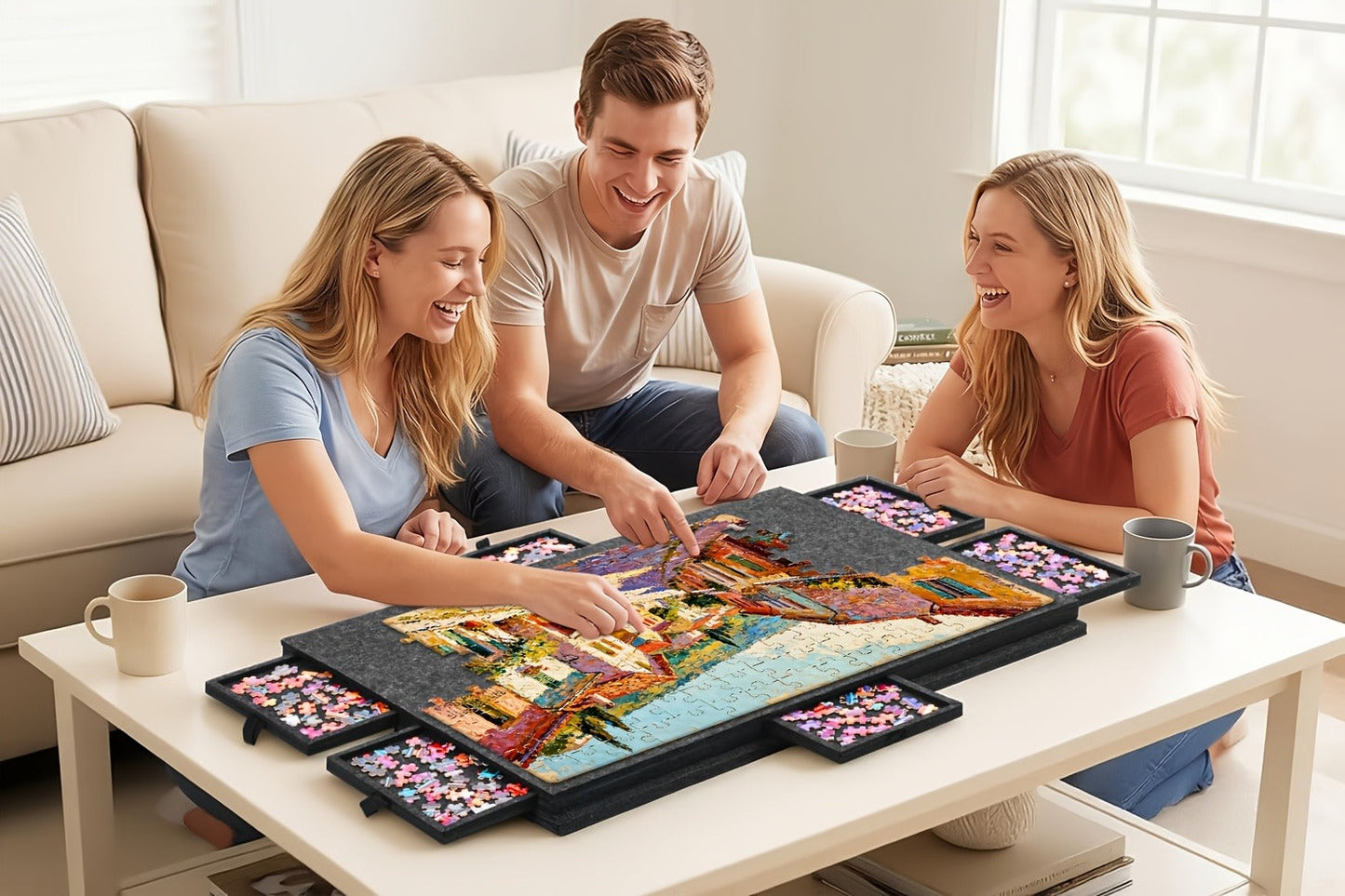 Jigsaw Puzzle Board with Felt Mat & 6 Sorting Drawers - Foldable Roll-Up Puzzle Saver Fits Up to 1000 Pieces | Portable Puzzle Storage Organizer for Adults Kids Family Game Night