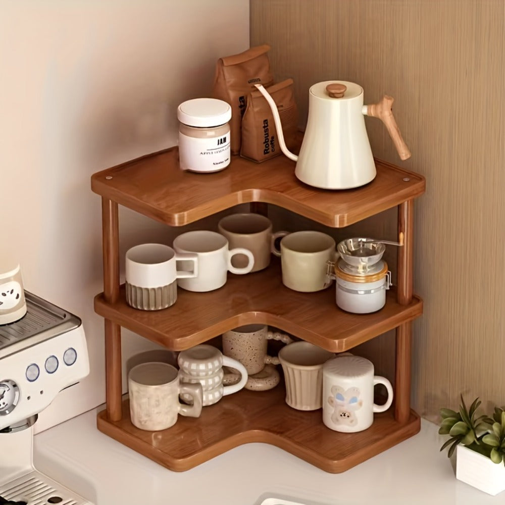 Corner Shelf Kitchen Organizer 3-Tier Brown Triangular Countertop Rack for Coffee Station Accessories