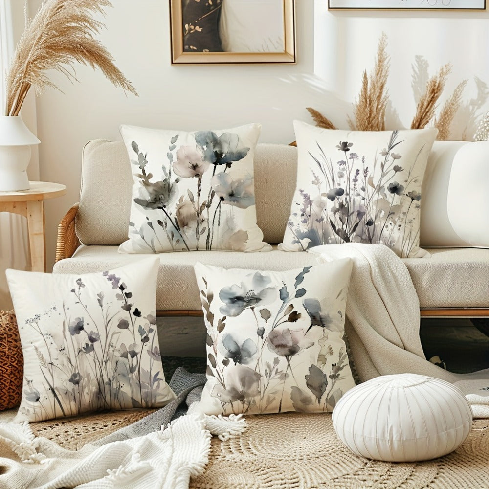 Four-Piece Watercolor Poppy Pillow Cover Set, 17.72 x 17.72 Inches with Neutral Botanical Prints