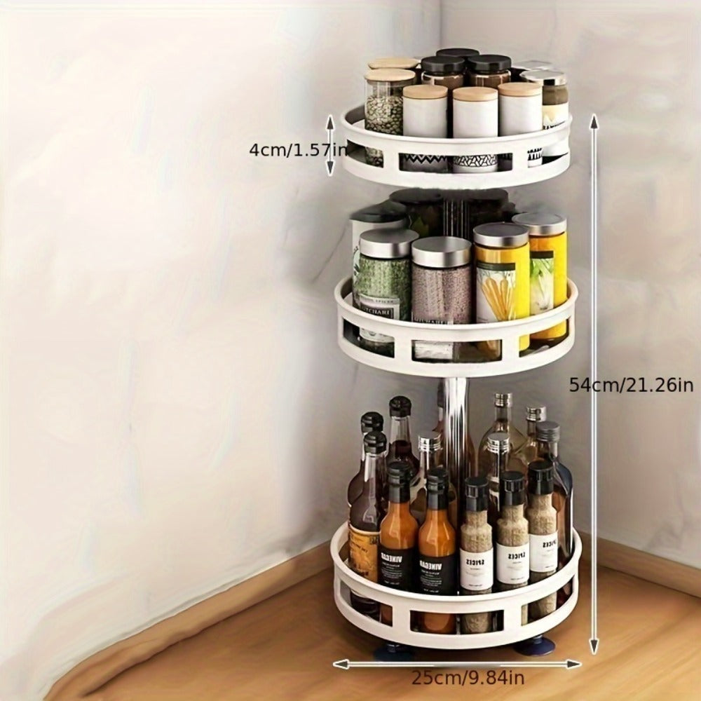 Three-Tier Rotating Spice Rack in Black or White with Circular Shelves and Tall Bottle Storage