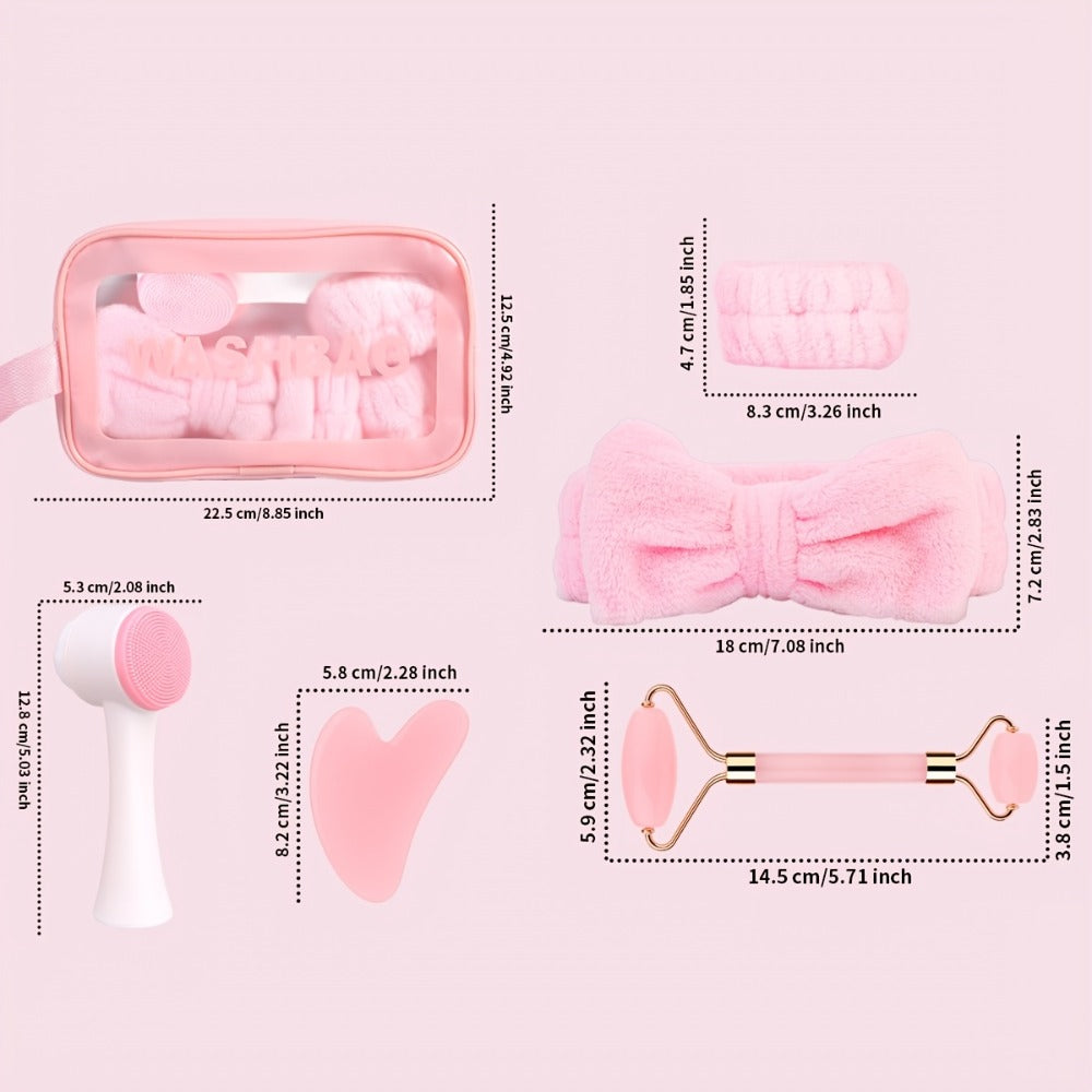 7-Piece Facial Cleansing Accessory Set with Wash Bag, Headband, Wristbands, Face Brush and Roller