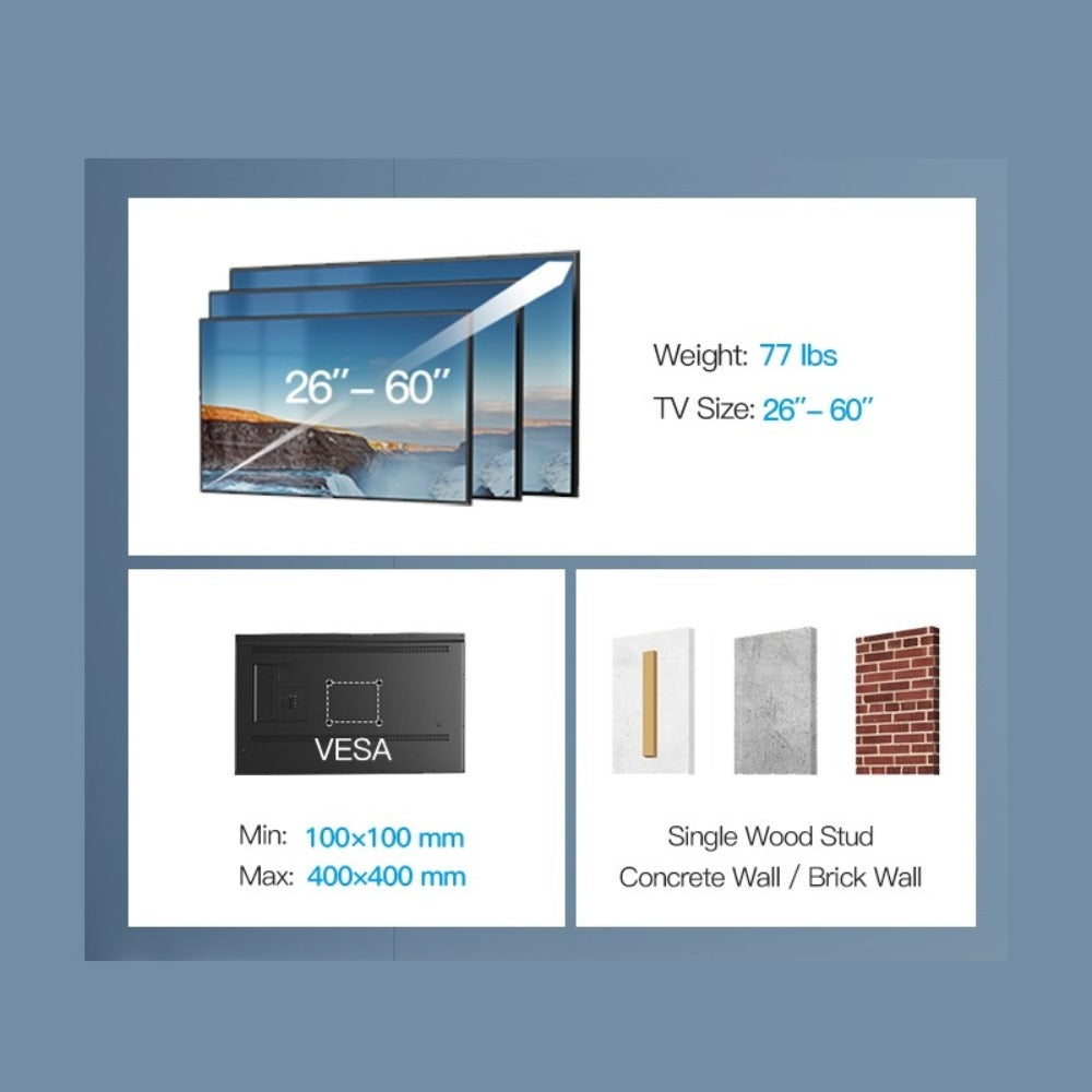 Black Full-Motion TV Wall Mount with 26-55 or 26-60 Inch Options and VESA up to 400 x 400mm