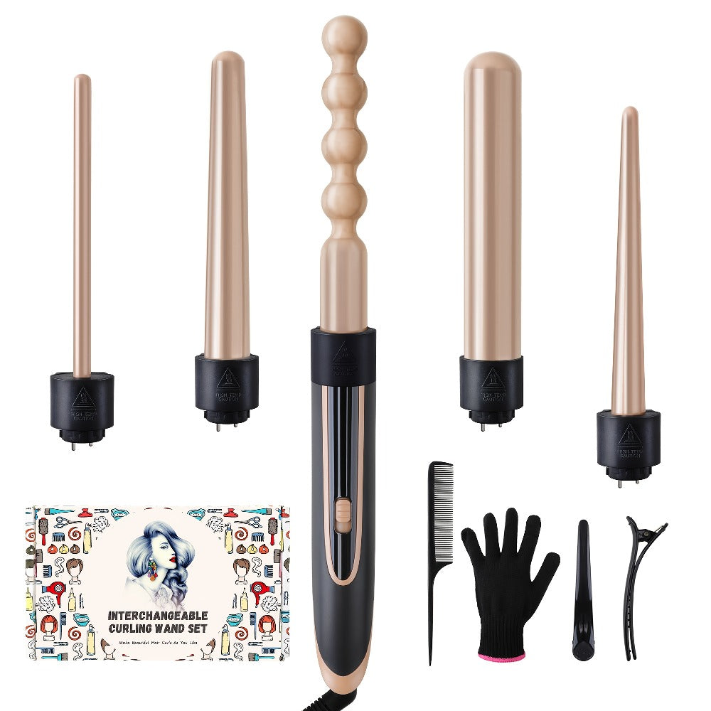 5-in-1 Curling Wand Set Ceramic Interchangeable Barrels 0.4-1.25 Inch - 30s Fast Heat Dual Voltage Auto Shut-Off Hair Curler Iron with Heat Glove for Women Long Short Hair