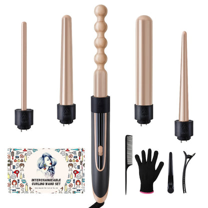5-in-1 Curling Wand Set Ceramic Interchangeable Barrels 0.4-1.25 Inch - 30s Fast Heat Dual Voltage Auto Shut-Off Hair Curler Iron with Heat Glove for Women Long Short Hair
