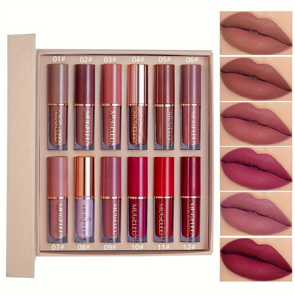 Lip Gloss Set 12 Pcs Matte & Pearlescent Lip Glaze Collection – Non-Stick Cup Long-Lasting Non-Fading Velvety Finish Lip Makeup Gift Set for Women Girls All Skin Tones