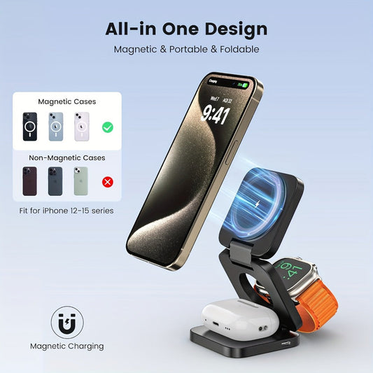 3-in-1 Foldable Travel Charging Station Magnetic Wireless Charger Dock for iPhone 17 16 15 14 13 12 Pro Max, Apple Watch Ultra 2 Series 9 8 7 6 5 4 3 2 SE, AirPods 4 3 2 Pro – Compact Portable – Black