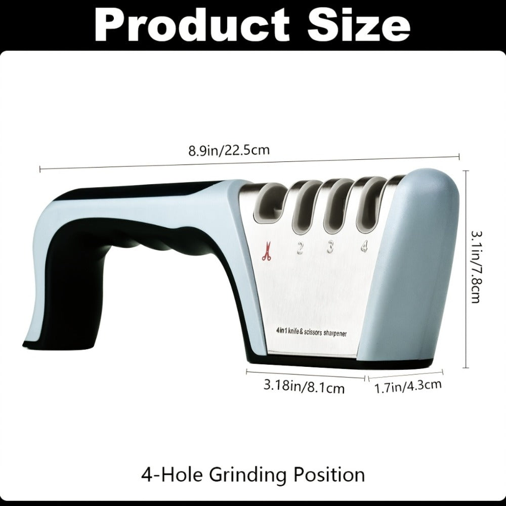 Four-Stage Manual Knife and Scissors Sharpener in Grey with Curved Handle and Four Guided Slots