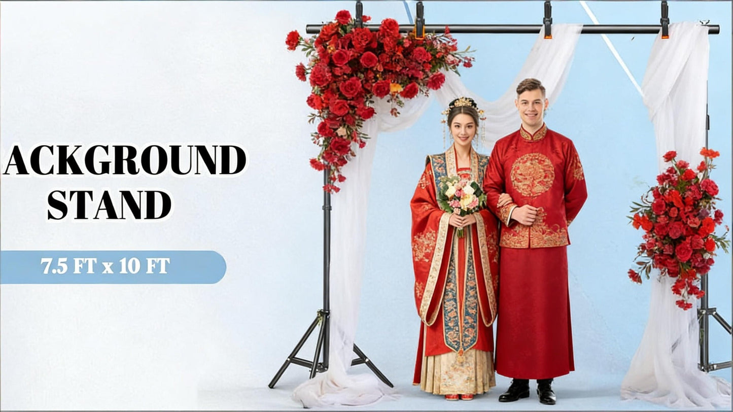Adjustable Photography Backdrop Stand Kit in 10 x 7-Foot Size with Two Tripods, Four Crossbars, Four Clamps and Carry Bag