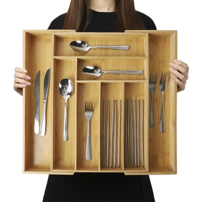 Expandable Bamboo Drawer Organizer with Nine Compartments for Flatware, Utensils and Desk Supplies