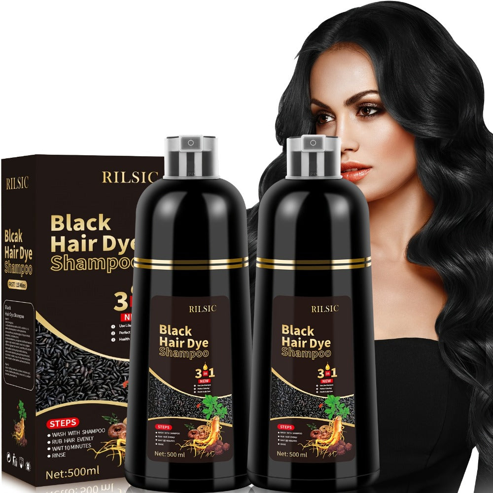 Hair Color Shampoo, RILSIC 3-in-1 Two-Pack of 500ml Pump Bottles with Black or Dark Brown Selection