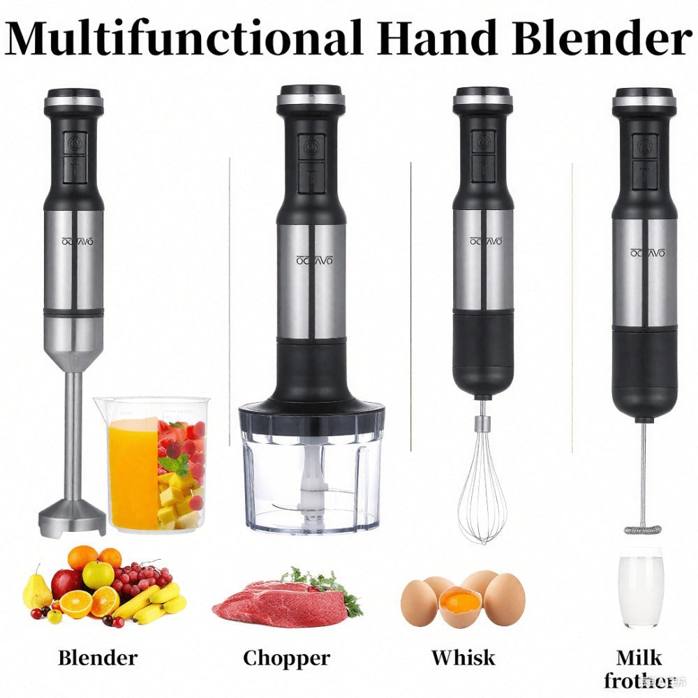 Silver Immersion Blender Set with 1000ml Beaker, 450ml Chopper, Whisk and Frother Attachments