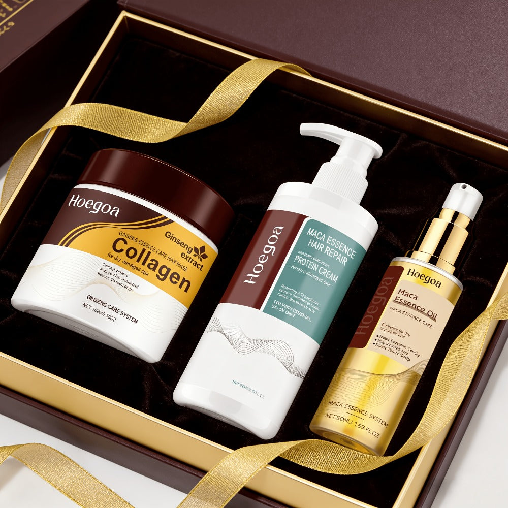 Three-Piece HOGOGO Collagen Hair Care Set with Jar and Pump Containers in a Gold Gift Box Presentation
