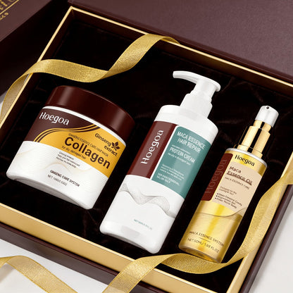 Three-Piece HOGOGO Collagen Hair Care Set with Jar and Pump Containers in a Gold Gift Box Presentation