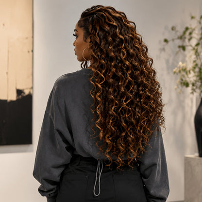 Lace Front Wig 24in Kinky Curly Synthetic Style with 1x4 Lace and Dark Brown Golden Highlights