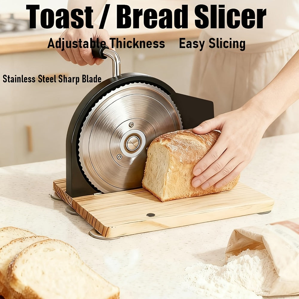 Bread Slicer Manual Adjustable Thickness Uniform Slices Hand Crank Serrated Blade Suction Base Measurement Markings for Sourdough Artisan Homemade Bread Loaf
