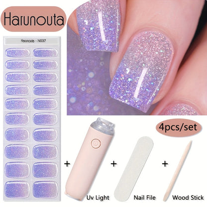 Semi Cured Gel Nail Strips Kit with Handheld LED Nail Lamp — 20 Real Gel Nail Stickers Wraps for DIY Nail Art Manicure at Home, Glitter & Flower Designs, Easy Apply Long-Lasting Chip-Resistant Gel Finish
