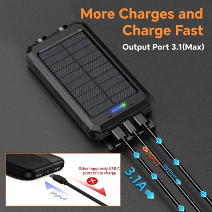 Solar Power Bank, 50000mAh Dual-USB Charger with Solar Panel, Dual LED Flashlights, Compass and Four Colors