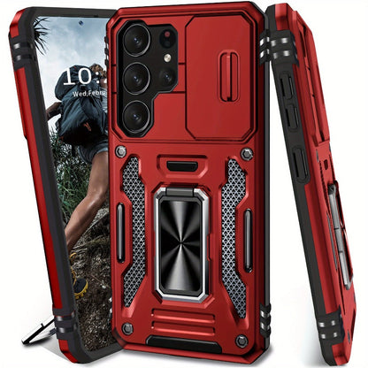 Samsung Galaxy Shockproof Magnetic Phone Case with 360° Rotating Ring Bracket & Sliding Lens Protector – Heavy Duty Cover for S24FE S23FE S22 S21FE Ultra A55 A54 A35 A34 A25 A24 A16 A15 A14 A06 A05 A05S 5G