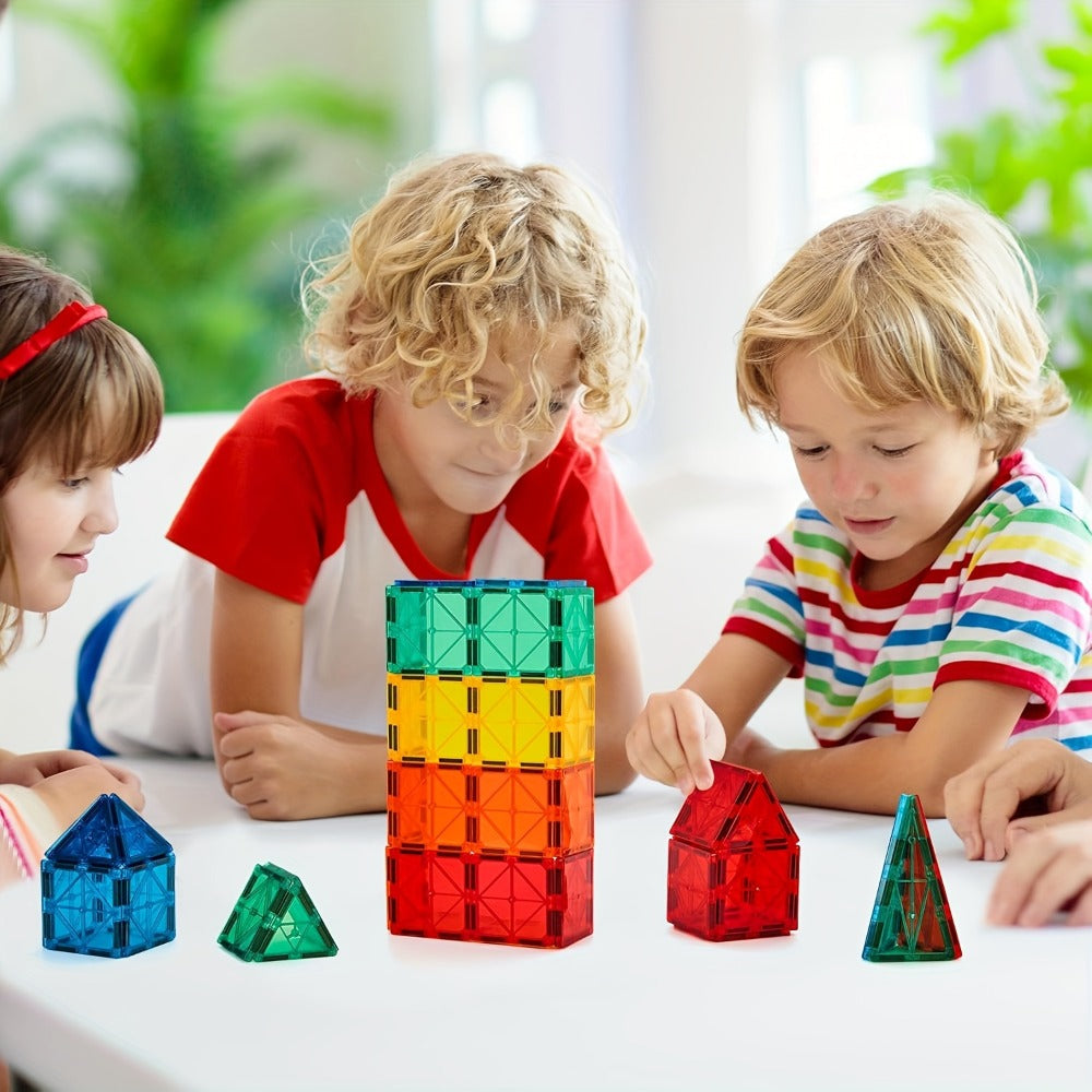 Magnetic Tiles 120-Piece Translucent Castle Building Set with Two Rolling Car Bases and Multicolor Shapes