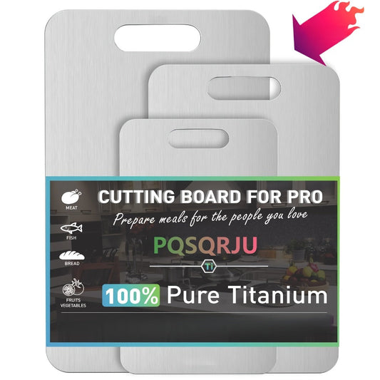 Titanium Cutting Board Set 3-Piece Heavy Duty BPA-Free Kitchen Prep Boards | Rust-Resistant Hook Handles Rounded Edges Space-Saving Design | Durable Metal Boards for Meat Vegetables Fruits BBQ Gift