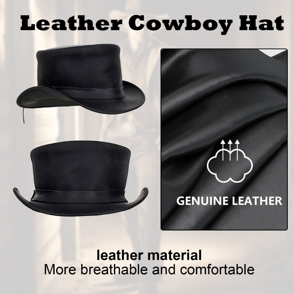 Genuine Leather Top Hat Steampunk Gentleman Shapeable Brim – Real Cowhide Low Crown Topper for Men & Women S-3XL, Halloween Costume Cosplay Motorcycle Riding Fashionable Dress Up Hat