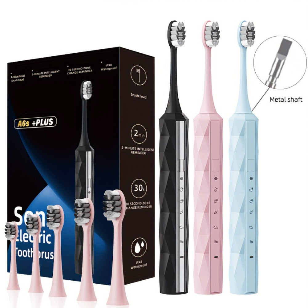 Electric Toothbrush with IPX8 Rating, Five Brush Heads, Metal Handle, USB Charging and Two-Minute Timer