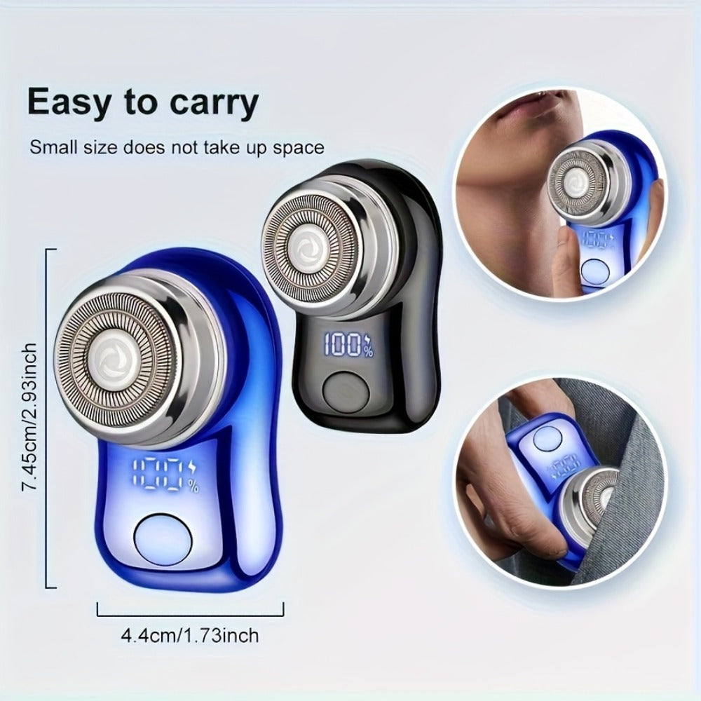 Compact Black Dual-Ring Rotary Electric Razor with Digital Battery Display, USB Cable and Travel-Size Body